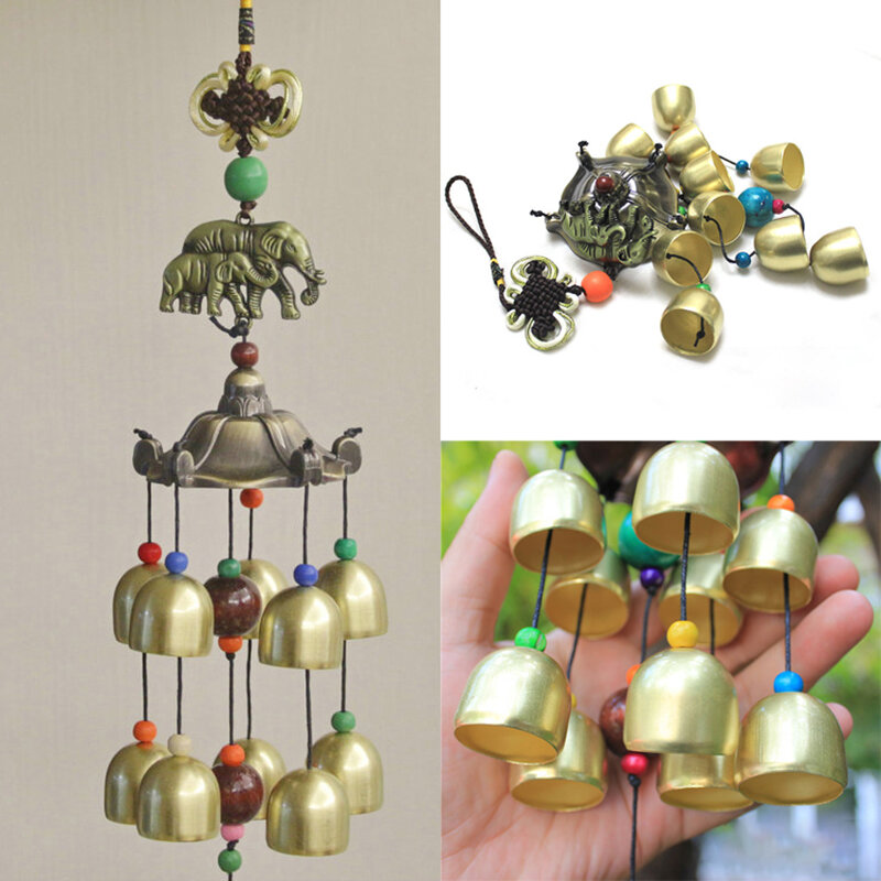 Metal Wind Chimes Hanging Elephant Vintage Ornament ​with 11 Metal Bells Colorful Wooden Beads Chinese Knot Garden Decoration