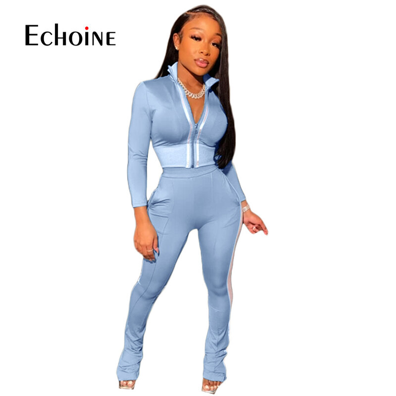 Echoine Pakaian Olahraga Set Dua Potong Sambungan Wanita Atasan Crop dan Celana Setelan Keringat Pakaian Santai Set 2 Potong