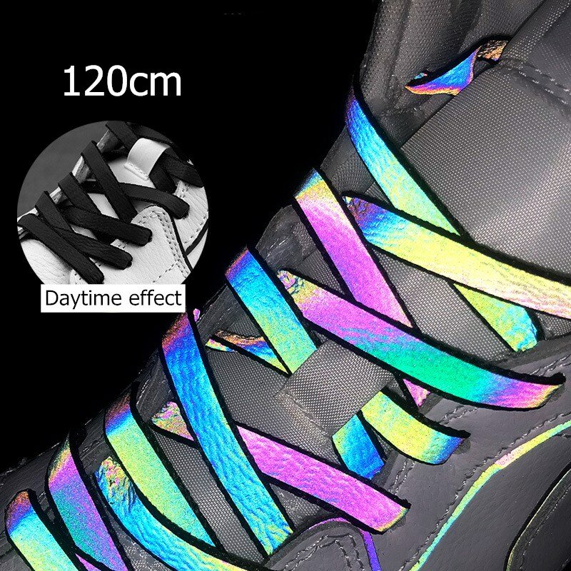 120Cm Reflektif Tali Sepatu Datar Malam Lalu Lintas Keselamatan Peringatan Dewasa Olahraga Outdoor Warna-warni Dewasa Warna Mengubah Laser Reflektif