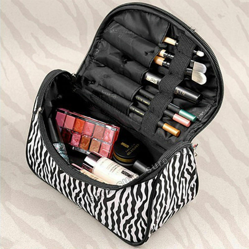 Bolsa de maquiagem zebra grande, estojo de cosméticos, alça, organizador de viagem, bolsa de armazenamento para mulheres