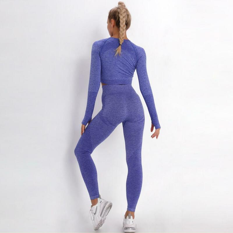 2 pçs conjunto de yoga ginásio esportes terno feminino sem costura leggings push up colheita topo manga longa superior treino roupas de fitness