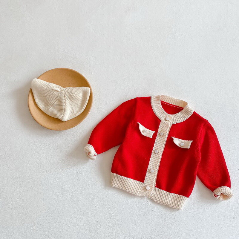 Set 2 Potong Bayi Perempuan Musim Semi Baru 2021 Bodysuit Merah Selempang Wol Tambal Sulam + Jaket Sweter Lengan Panjang Pakaian Luar Mode Bayi Baru Lahir E6032
