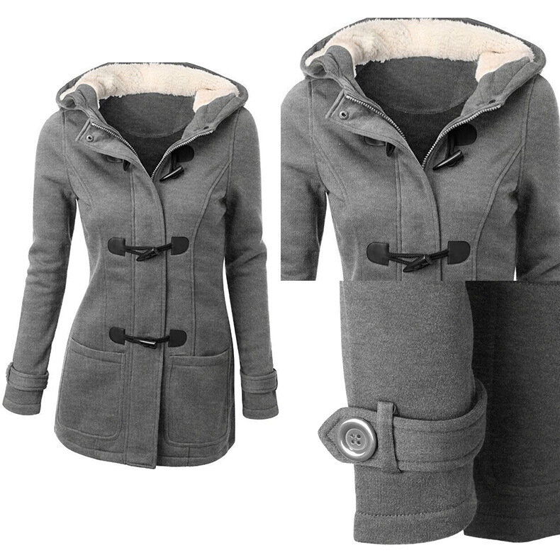 Grosso quente inverno casaco feminino plus size casual casacos com capuz para mulher clássico chifre botão feminino outerwear cor sólida