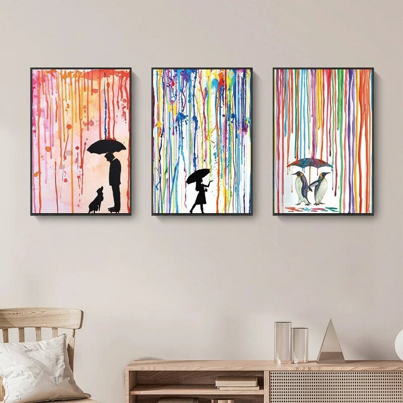 抽象的な北欧の油絵,雨の中の虹の恋人,バンクシーのポスター,リビングルームの廊下,家の装飾の壁画