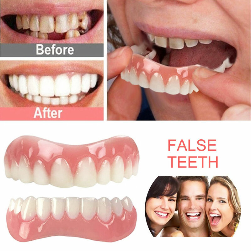 Denti finti superiori/inferiori in Silicone impiallacciature perfette per risate protesi per dentiere strumenti per l'igiene orale copertine per denti finti bretelle di simulazione