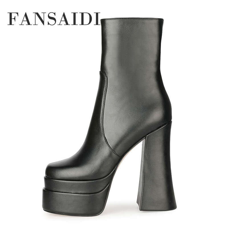 FANSAIDI Winter  Platform Zipper High Heels  Square Toe Chunky Heels Clear Heels Boots Party Shoes Ladies Boots 41 42 43 44 45