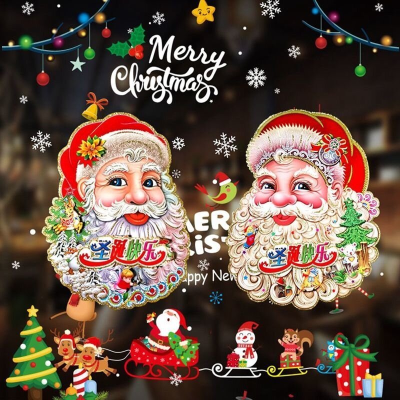 Cartoon Santa Claus Snowman Door Sticker Window Stickers Wall Oranments Merry Christmas Decor For Home Happy New Year 2022