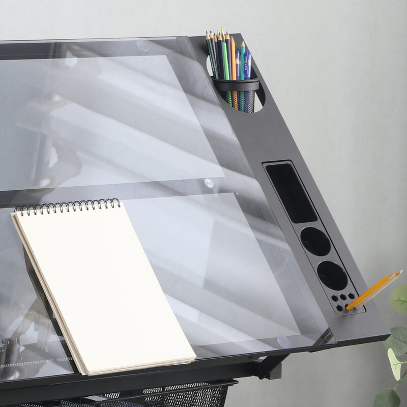 Mesa de dibujo multifuncional de vidrio templado ajustable con Cajón Negro, mesa de dibujo para trabajo cómodo