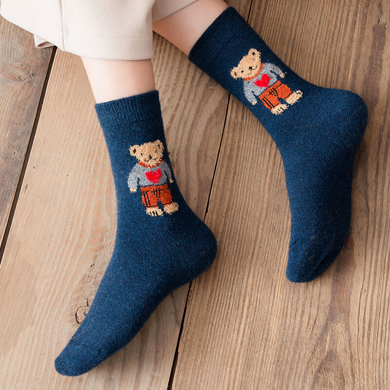 Bear Socks Female Autumn and Winter Mid-Calf Length Socks Ins Tide Pure Cotton Cute Japanese Style Solid Color Autumn Long Socks