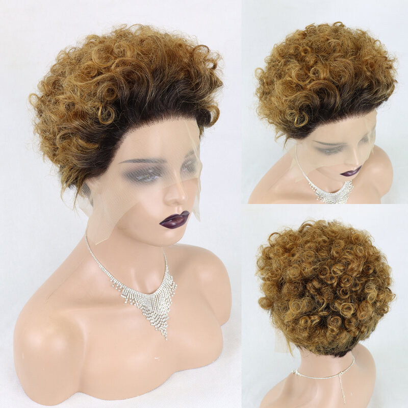 Peluca de cabello humano rizado con encaje frontal transparente para mujeres negras, pelo corto brasileño virgen, corte Pixie, ondas profundas