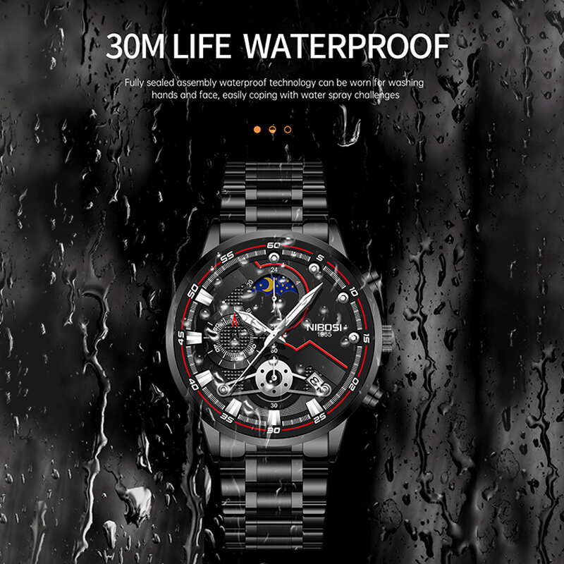 NIBOSI 2021 męskie zegarki 3ATM wodoodporne modne zegarki męskie mężczyźni biznes zegar ze stali nierdzewnej kwarcowy zegarek Relogio Masculino