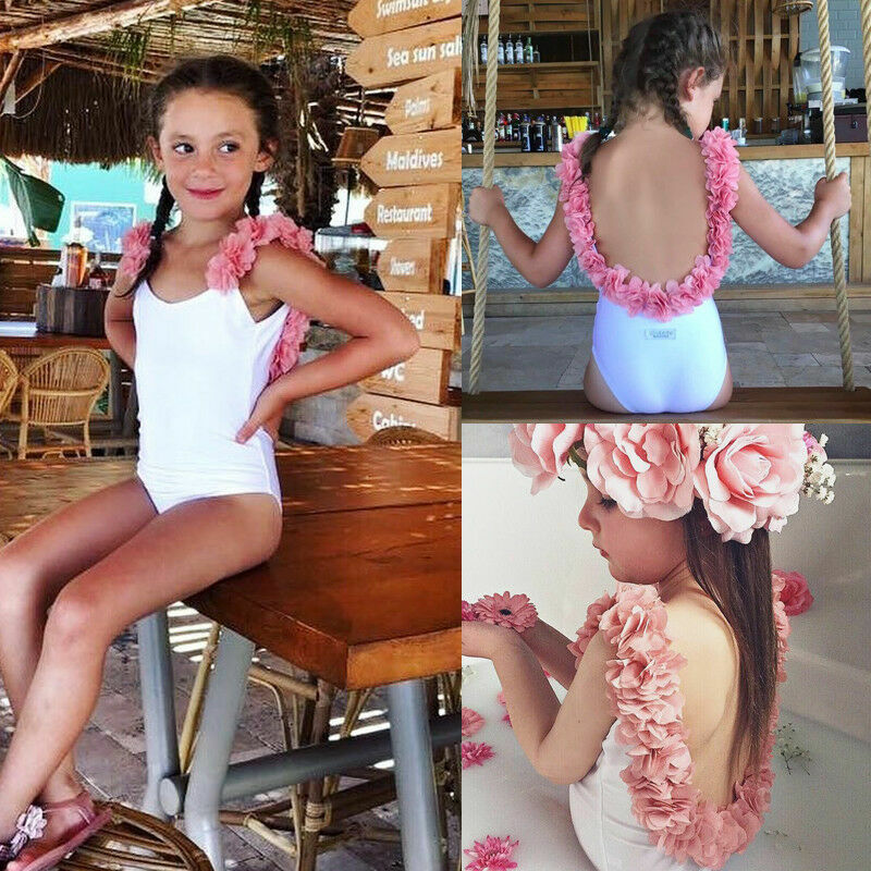 2020 Sweet Girls One Piece Backless Swimsuit Kids Cute Flower Strap Swimwear Children Summer Beach Playing Outfit Bathing Suit