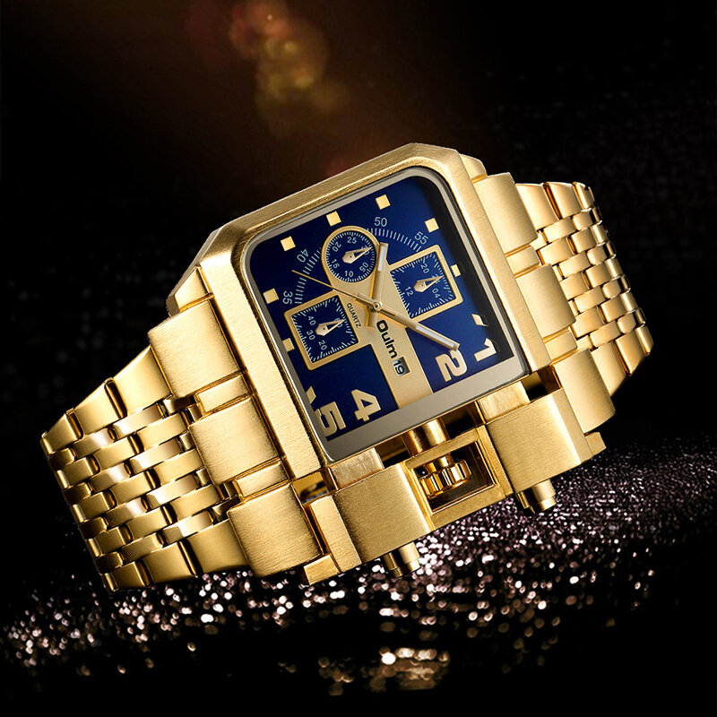 Oulm ouro grande dial hardlex espelho relógios homem quartzo casual relógio de pulso calendário