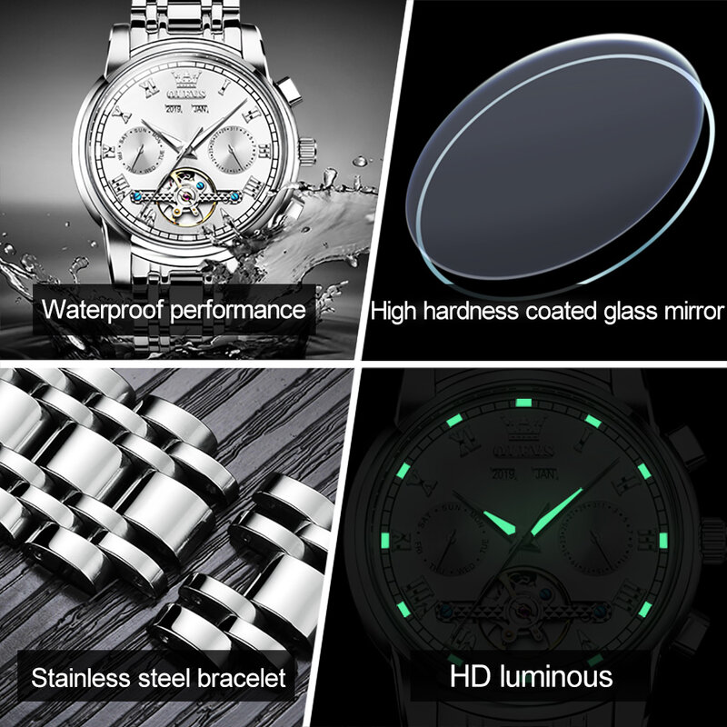 OLEVS-reloj mecánico auténtico, accesorio ultrafino, sencillo, clásico, de negocios, resistente al agua, de acero inoxidable, con diamantes de imitación, automático