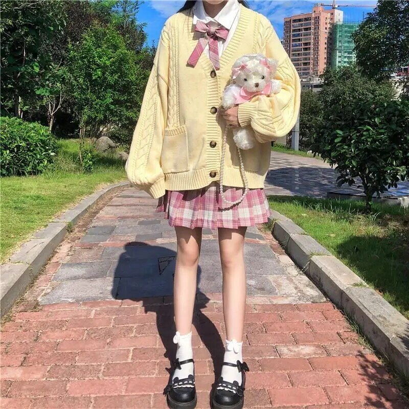 새로운 달콤한 귀여운 소녀 뜨개질 스웨터 게으른 대학 스타일 느슨한 소매 하라주쿠 소녀 JK 유니폼 스웨터 코트 s ~ 2XL, 2021