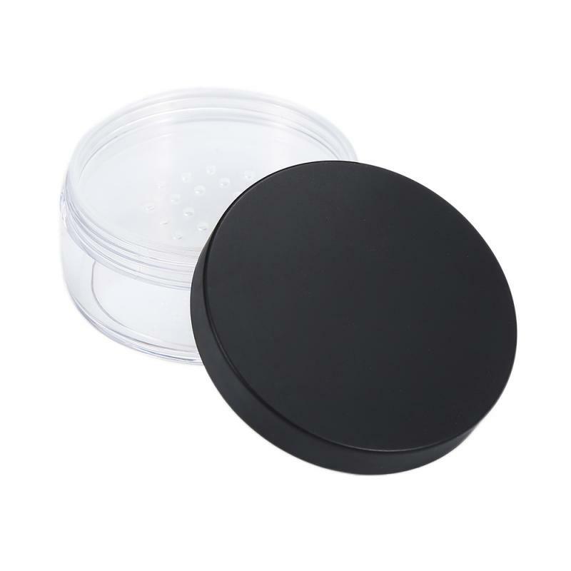 Pote de pó solto vazio de plástico com peneira, recipiente cosmético de maquiagem jarra de mão portátil com tampa preta 50g