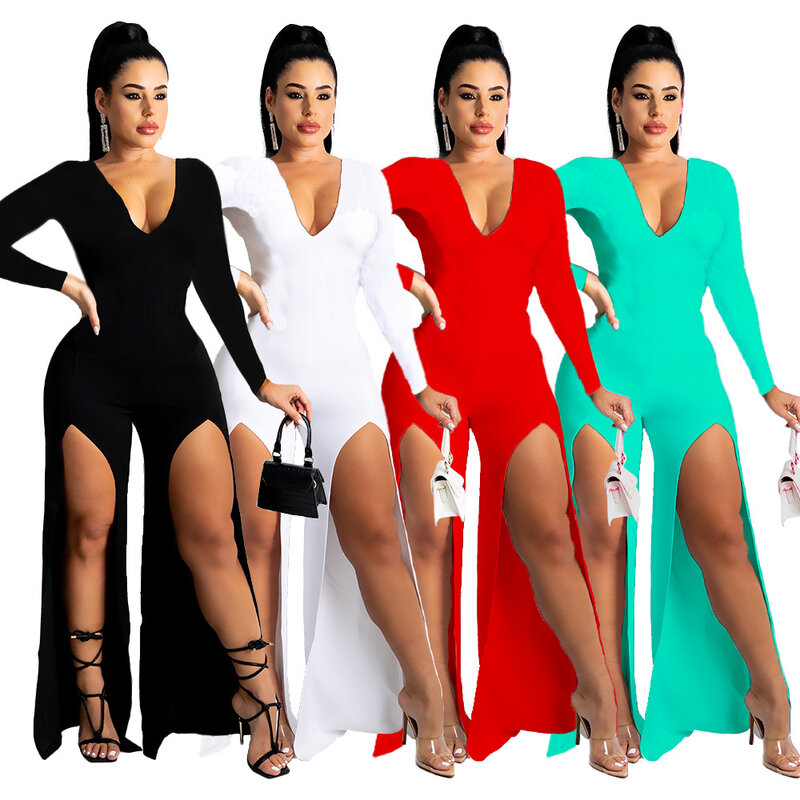 Women Solid color Long sleeve Playsuits sexy ladies Slits Showing Legs Jumpsuit
