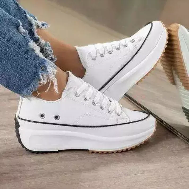 Women's Solid Color Canvas Lace-up High-heeled Thick-soled Breathable Non-slip Comfortable Fashion Casual Sneakers 6KF035