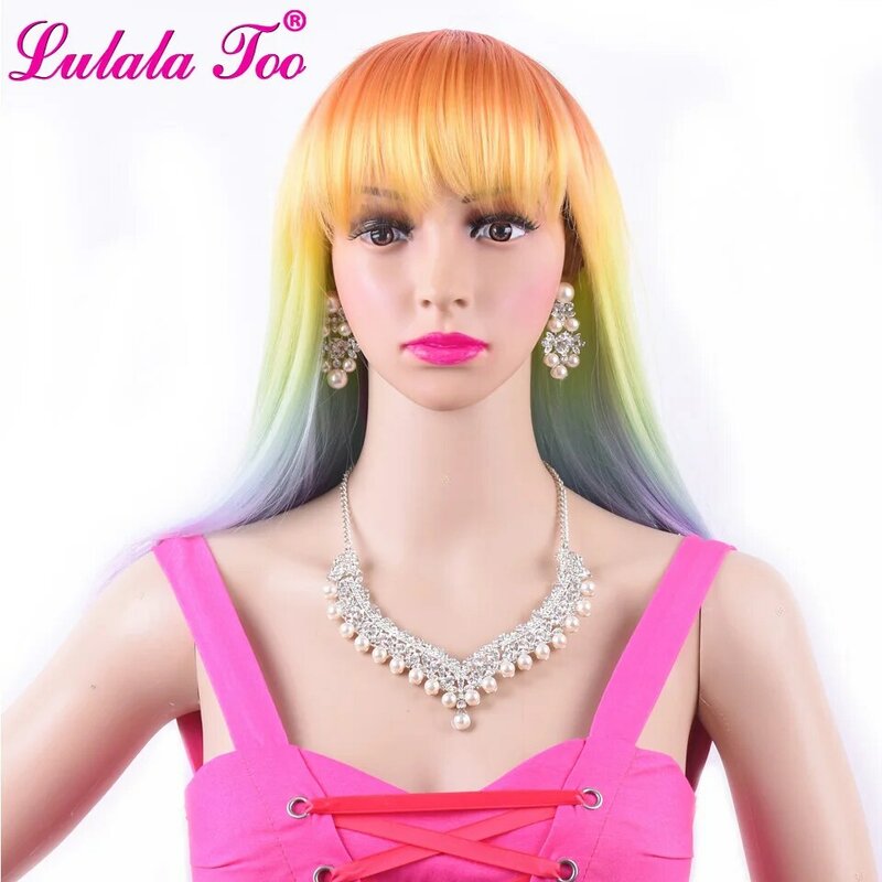 Lulalatoo Synthetic Wig With Bangs Straight Omber Rainbow Color Hair Wigs Heat Resistant Fiber Cosplay Wigs