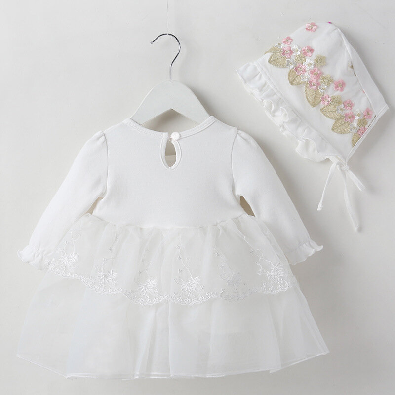 2022 신생아 아기 소녀 공주 레이스 드레스 아이 베이비 파티 결혼식 미인 대회 가운 공식적인 꽃 드레스 + 모자 신년 의류 세트
