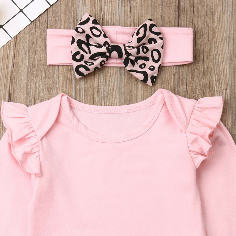 Conjuntos de ropa para bebés recién nacidos de 0 a 18M, Tops de manga larga Rosa + Pantalones con lazo de leopardo, diadema, conjunto de 3 uds.