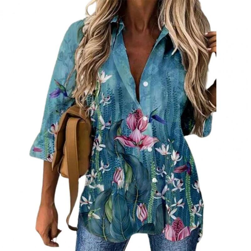 Loose Shirt Turn-down Collar Single-breasted Shirt Streetwear Floral Print Women Shirt Blouse for Daily Wear