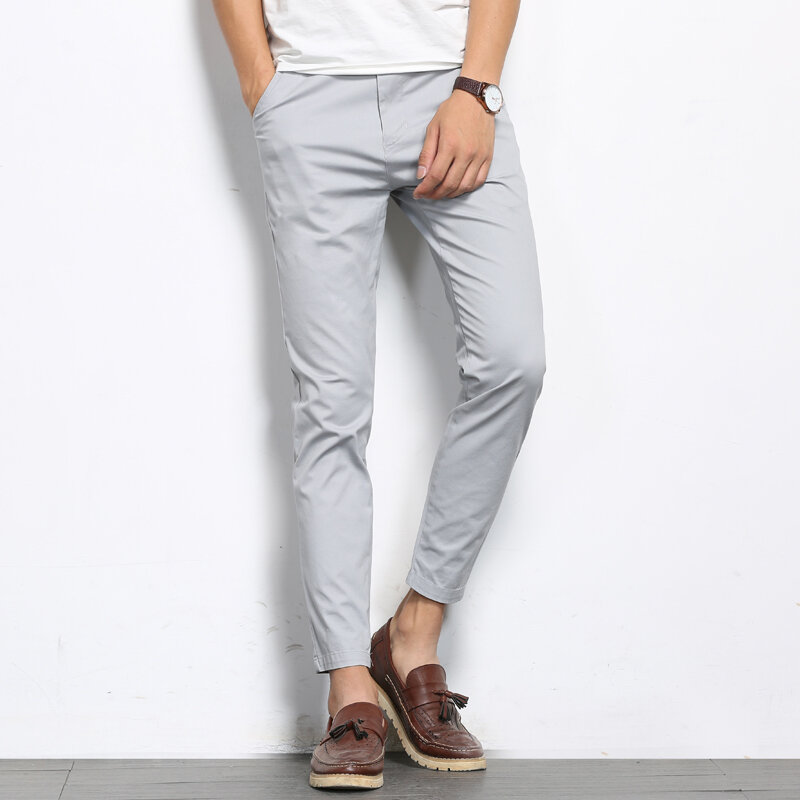 BROWON Celana Kasual Warna Solid Fashion Pria Musim Gugur Celana Panjang Formal Kualitas Tinggi Panjang Pergelangan Kaki Elastis Sedikit Lurus Pria