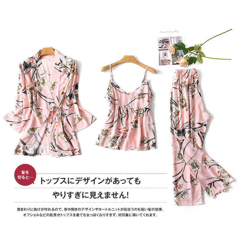 Conjunto de pijamas con estampado Floral para mujer, ropa de dormir con Tops y pantalones cortos de viscosa, para primavera y verano, 3 piezas