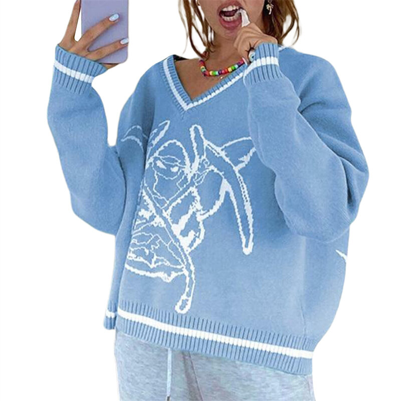 2021 zimowy damski luźny dzianinowy sweter dla dorosłych kreskówka wzór z długim rękawem sweter z dekoltem typu V-Neck damski kostium