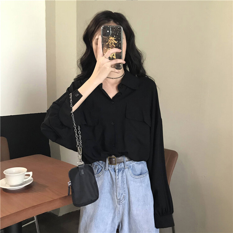 Camicia a maniche lunghe nera allentata di Design Sense da donna primavera 2021 nuova elegante camicia delicata alla moda