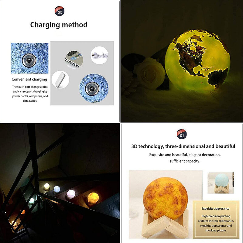 8 pz/set sistema solare pianeti luce notturna USB ricaricabile Touch 3  colori lampada stampa 3D per la decorazione domestica romantico regalo camera  da letto / Luci da notte