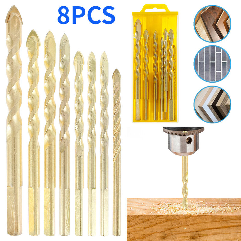 8pcs Multifunctional Drill Bits Triangle Handle Ceramic Wall Glass Tile Cemented Punching Hole Working Set Woodworking Hand Tool