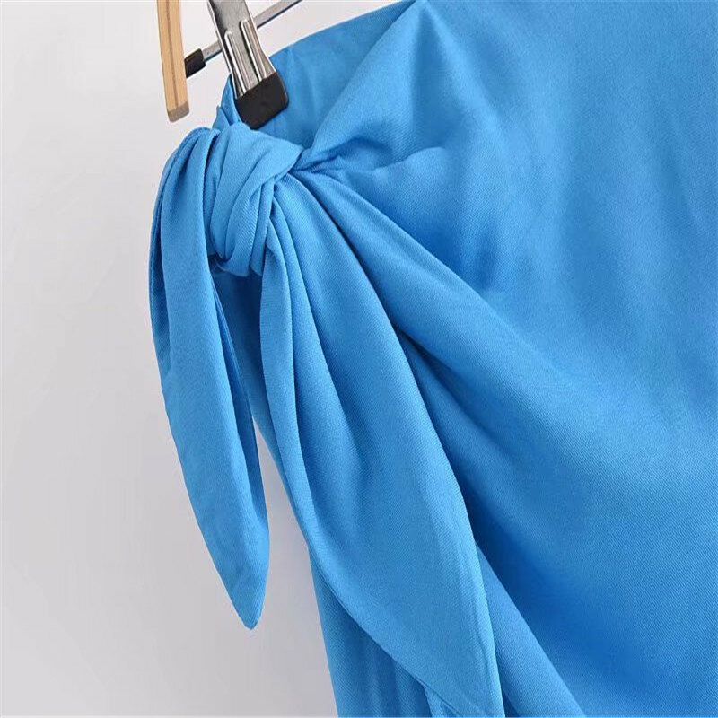 ZA 2021 niebieski Wrap Midi spódnica letnia kobiety w stylu Vintage wysokiej talii Sarong spódnice moda Side wiązane szczelina Ruched spódnica damska Mujer