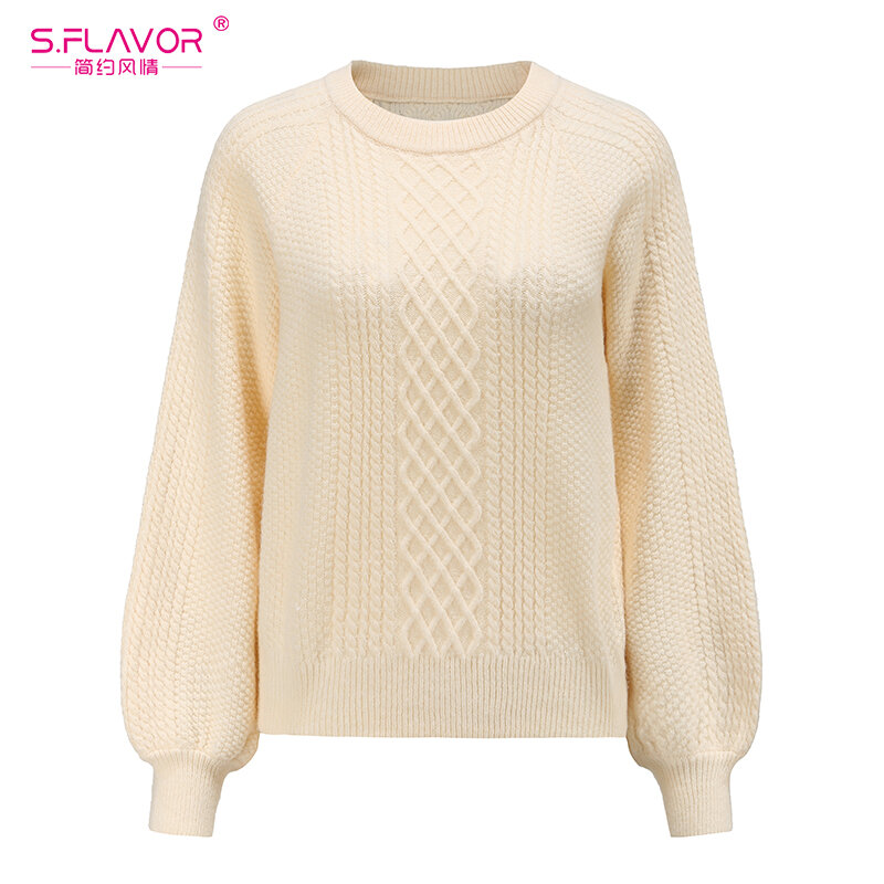 S.FLAVOR Women Lantern Sleeve Beige Pullover Sweater Spring Autumn Loose Oversized Knitted Sweater Jumper Tops Warm Knitwear