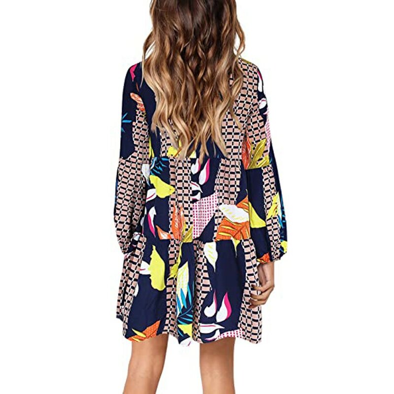 Mini vestido casual feminino, vestido da moda de verão, de manga longa, com estampa de folha de bordo, solto, confortável, 2021