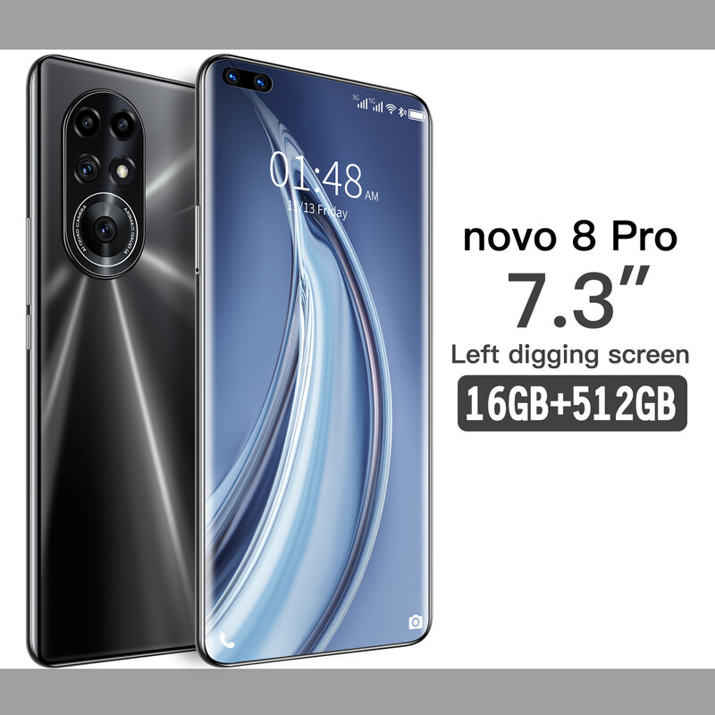 هاتف ذكي للألعاب طراز 2021 Novo8 Pro إصدار عالمي بشاشة 7.3 بوصة عالية الوضوح مع معالج سنابدراجون 888 وذاكرة 16 جيجابايت وذاكرة 512 جيجابايت ونظام تشغيل أ...
