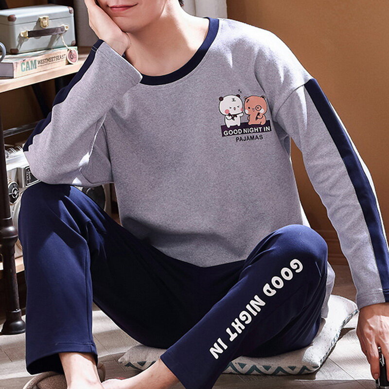 Set Piyama Katun Lengan Panjang untuk Pria Pakaian Tidur Pria Kartun Hijau Lucu Pakaian Rumah Kasual Hangat Musim Gugur Piyama Celana Kisi