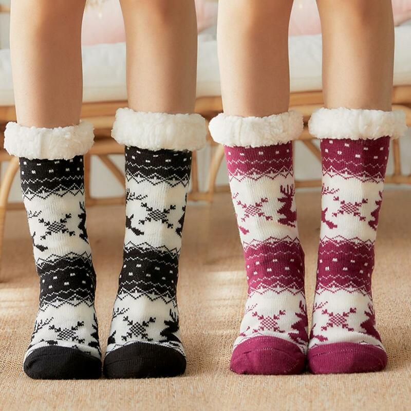 Новые женские рождественские носки, носки с изображением мультяшного лося, бархатные нескользящие носки, плюшевые носки, коврик, для взросл...