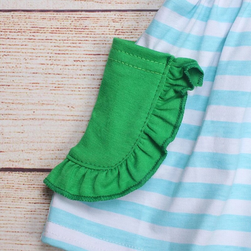 Летняя одежда для девочек, зеленый топ с карманами и коротким рукавом и синие полосатые брюки, зеленые наряды для маленьких девочек с вышивк...