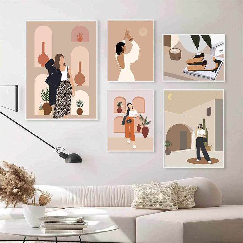 Boho Abstrak Fashion Wanita Tangga Foto Seni Dinding Lukisan Kanvas Poster Cetak Nordic Gambar Retro untuk Ruang Tamu Dekorasi Rumah