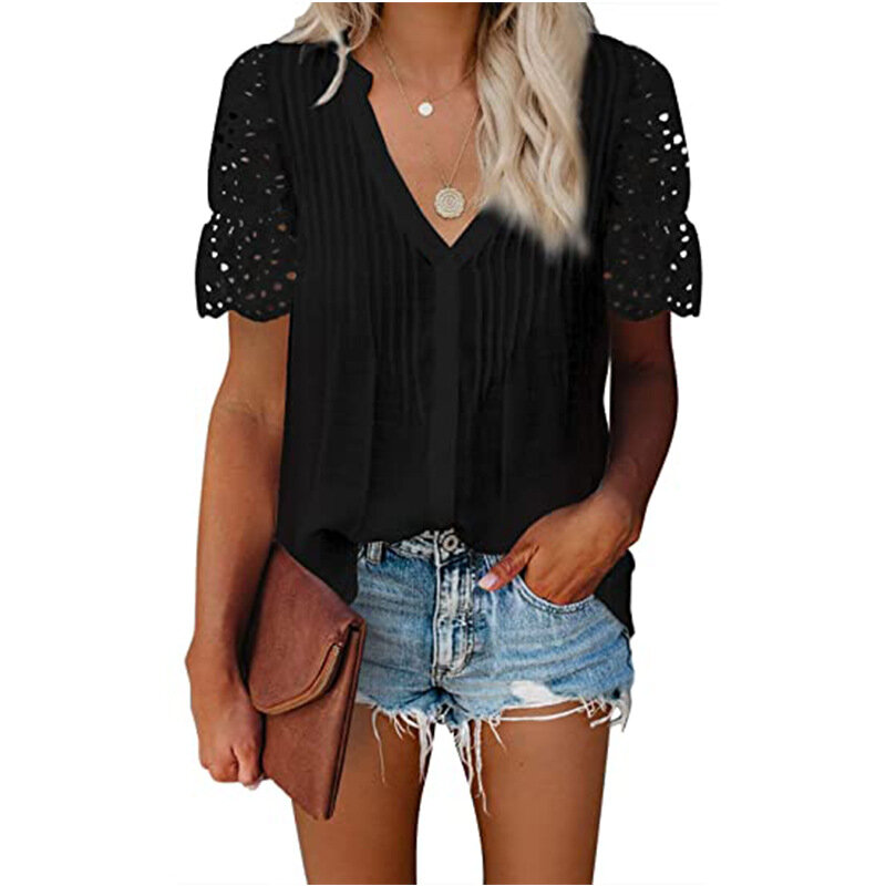 Zomer Nieuwe 2021 Vrouwen Blouse Shirts Sexy V-hals Kant Patchwork Korte Mouw Chiffon Shirts Dames Hollow Out Casual Losse Tops