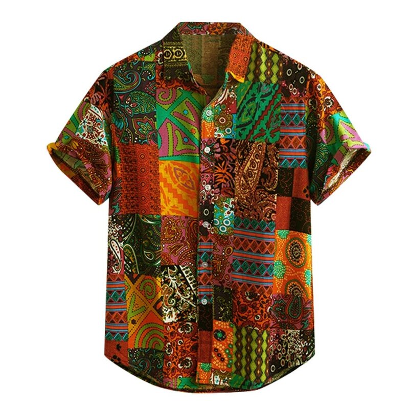 الرجال الموضة زر عادية هاواي ريترو طباعة شاطئ بلوزة قصيرة الأكمام Camisa بدوره إلى أسفل طوق قميص الرجال kamas Hombre #3