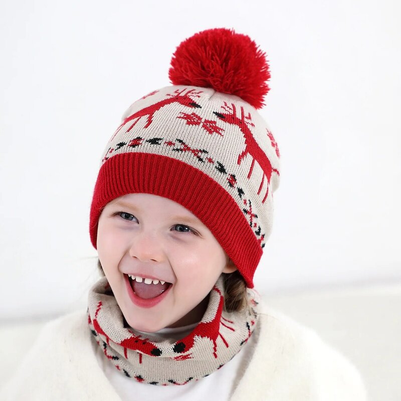 Children's Winter Warm Knitted Scarf Beanies Hat Set Kids Thick Wool Christmas Fawn Cap Neck Collar Xmas Gift For Baby Girl Boy