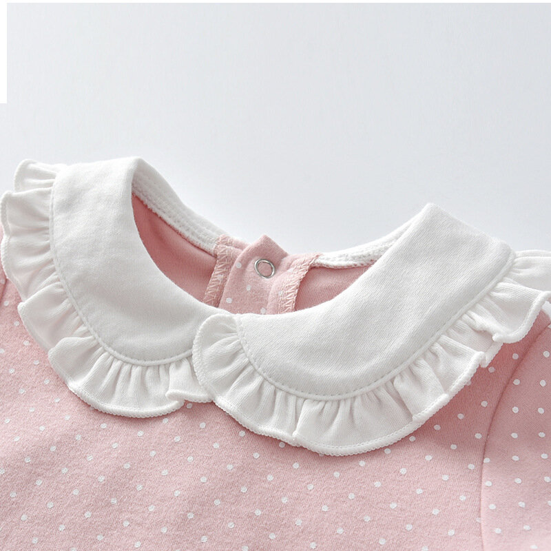 Yg Marque enfants Vêtements 2021 Nouveau Bébé Fille Coréen Vague Point Col Montant Pur Coton Bébé Une-pièce Ensemble à noeud