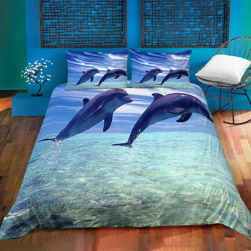 Juego de ropa de cama con estampado Digital 3D, edredón con estampado de delfín, almohada, decoración de dormitorio, ropa de cama de tamaño doble, 2/3 Uds.
