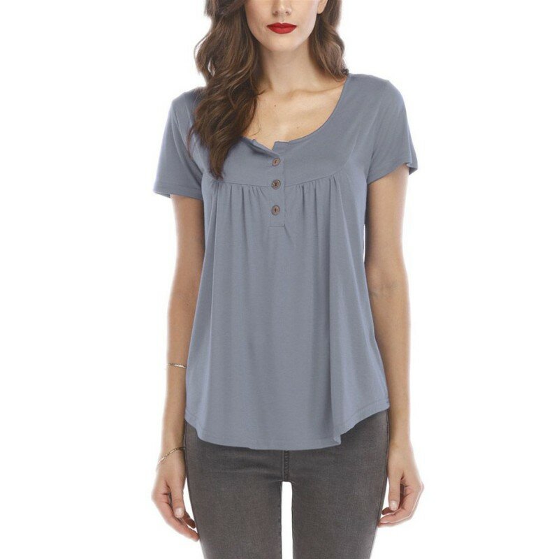 Camisetas femininas moda em torno do pescoço solto feminino verão topos feminino curto-mangas compridas botão casual camiseta