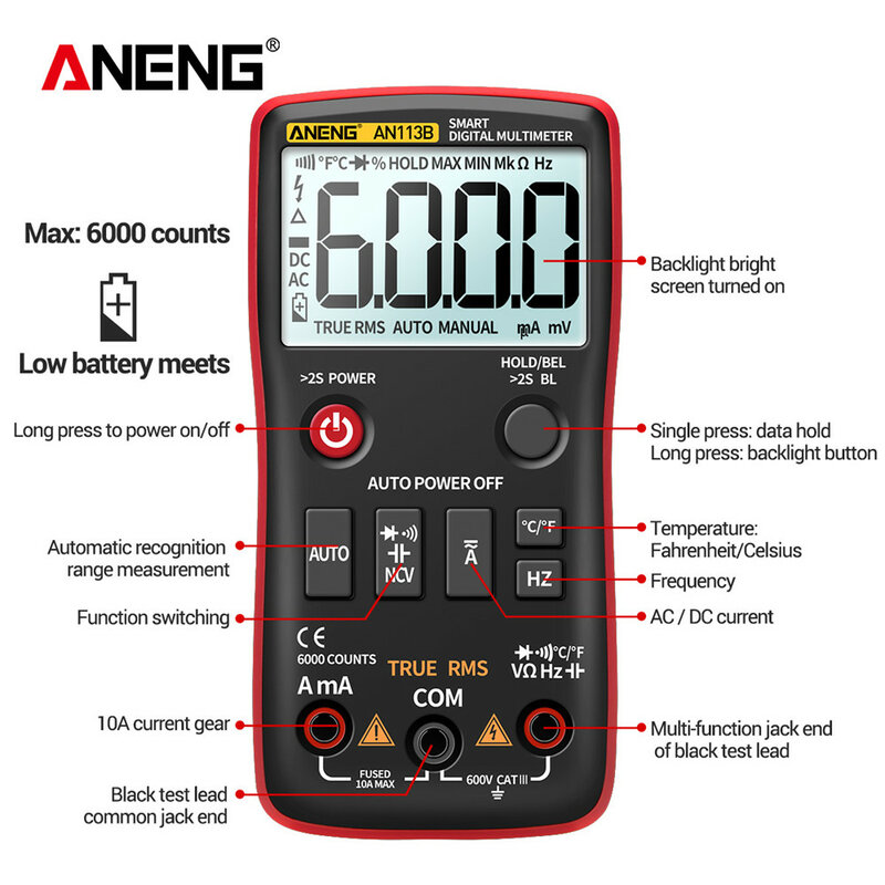 ANENG – multimètre numérique AN113B, True RMS, avec testeur de température, 6000 points, mesure automatique des transistors AC/DC
