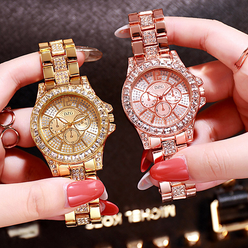 Luksusowe marki panie zegarka kobiet zegarek analogowy trzy-oko diament codzienne zegarki ze stali pasek stopu kwarcowy zegarek świąteczny zegar na prezent
