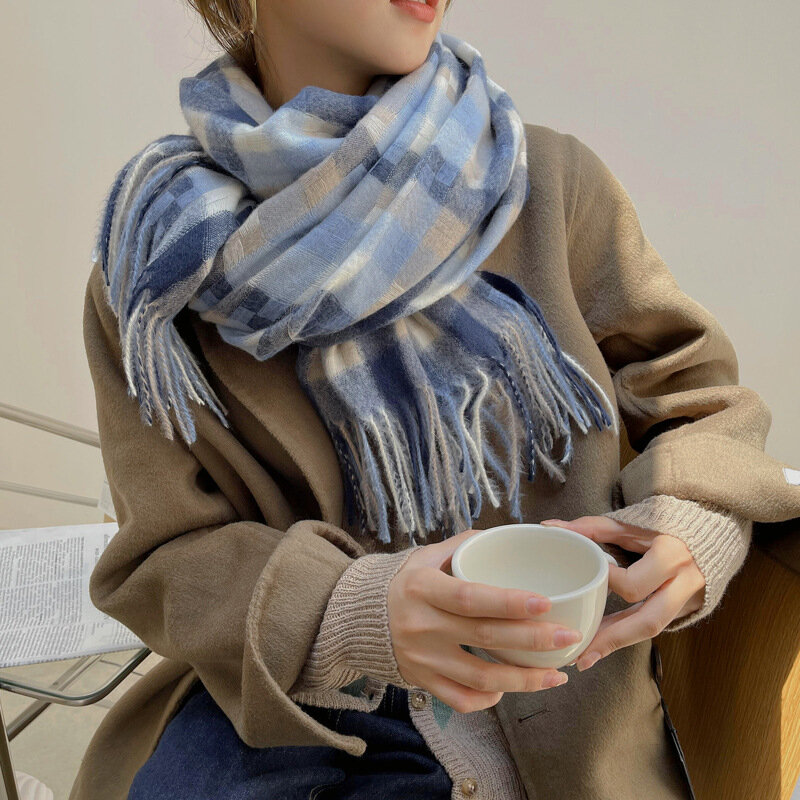 가을, 겨울 여성 따뜻한 롱 캐시미어 스카프 목도리 일본 패션 모자이크 격자 무늬 패턴 술 두꺼운 스카프 레이디