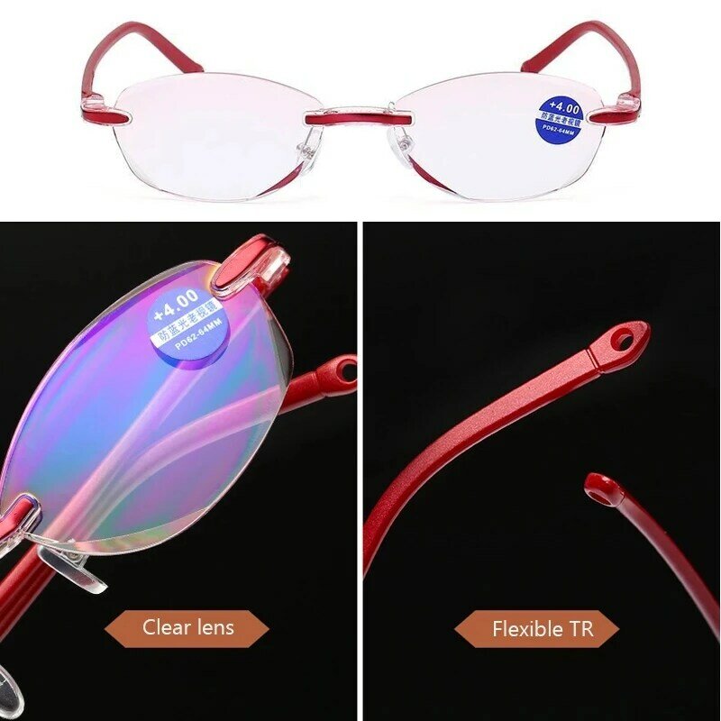 Moda occhiali da lettura senza cornice donna donna Anti luce blu presbiopia occhiali diottrie 1.0 1.5 2.0 2.5 3.5 4.0